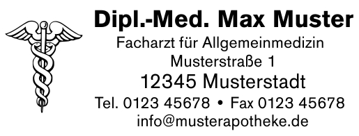 Arztstempel m. Text u. Motiv Hermesstab SCHWARZ SCHWARZ